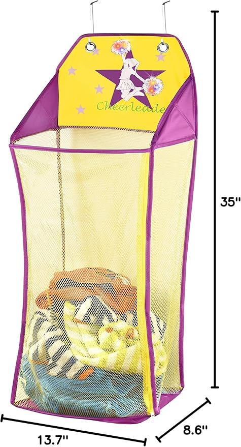 Store & Score Over The Door Hanging Kids Fun LED Cheerleader Light-Up Collapsible Mesh Laundry Hamper, Toy Chest, Heavy Duty Metal Hooks Included. Patent Pending.