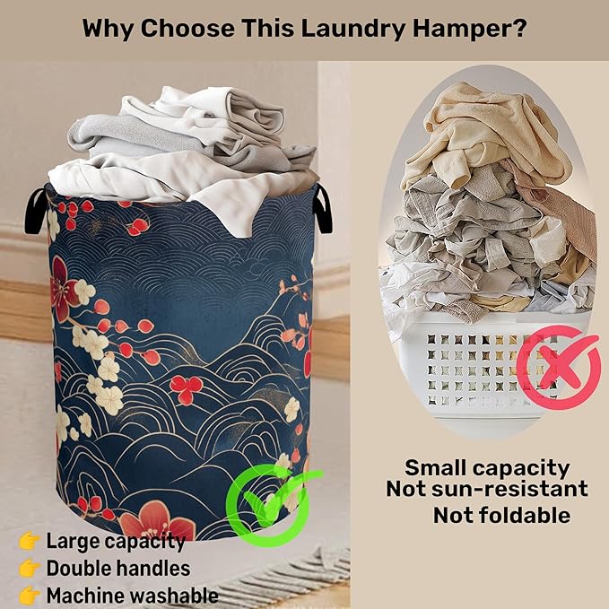Japanese Cherry Blossom Laundry Basket, Blue Large Clothes Hamper Bag with Handles, Space Saving Foldable Design for Nursery