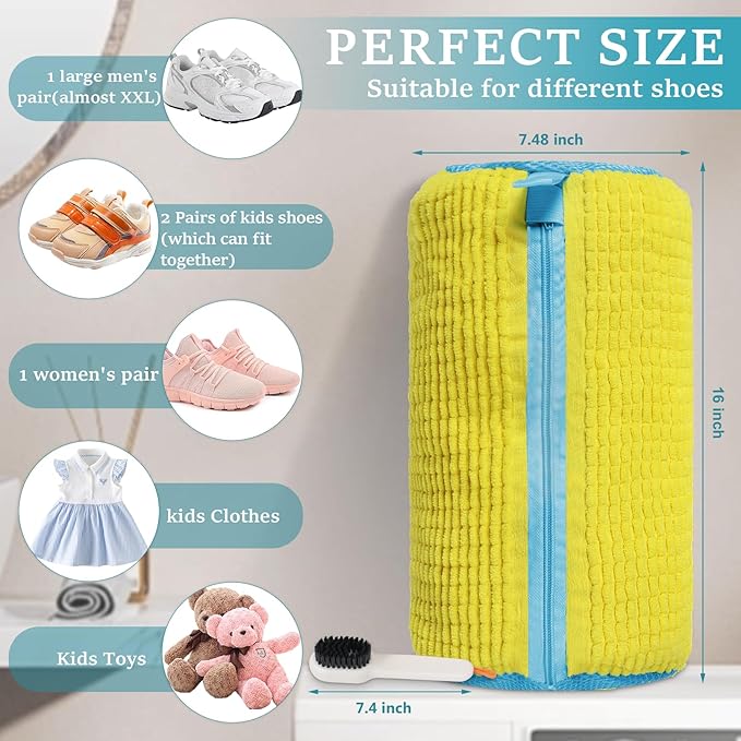 Shoe Washing Machine Bag - 2Pack Laundry Shoe Bag for Washer and Dryer, Reusable Shoe Cleaning Bag for All Shoe Sizes, 360° Deep Clean for Tennis Shoes, Sneakers, Includes 1 Brush (Yellow)