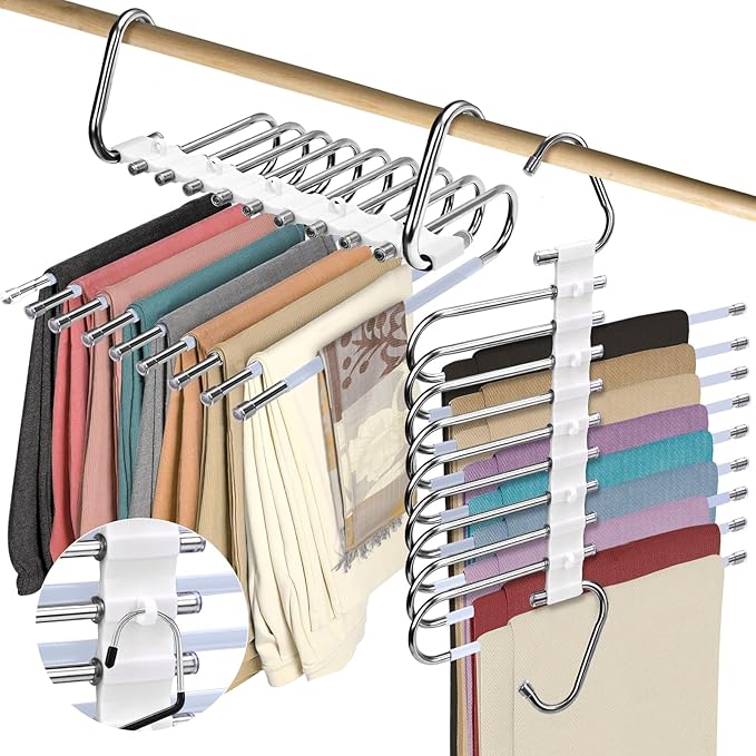2Pack 9 Layers Foldable Pants Hangers Space Saving Trouser Hanger Multifunctional Trouser Rack Hanger Hanging Hole for Wardrobe Trousers Scarf Jeans (White)