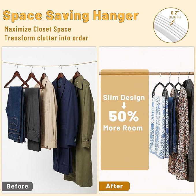 Arc Design No Shoulder Bump Plastic Hangers 30 Pack,Ultra Thin Non-Slip Hangers for Clothes,Heavy Duty Coats Hangers,360°Swivel Silver Hook,Space Saving Closet Organizer-(Black)