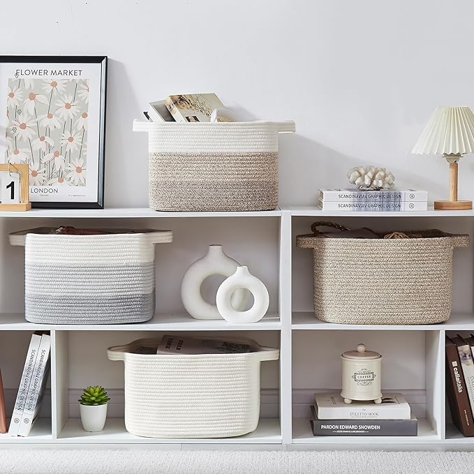Storage Basket for Organizing, Woven Baskets for Storage, Rectangle Decorative Baskets for Shleves, Closet, Toys, Books, Nursery Organizer Bins - Pack of 3 (White, 13"x9.85"x8.7")
