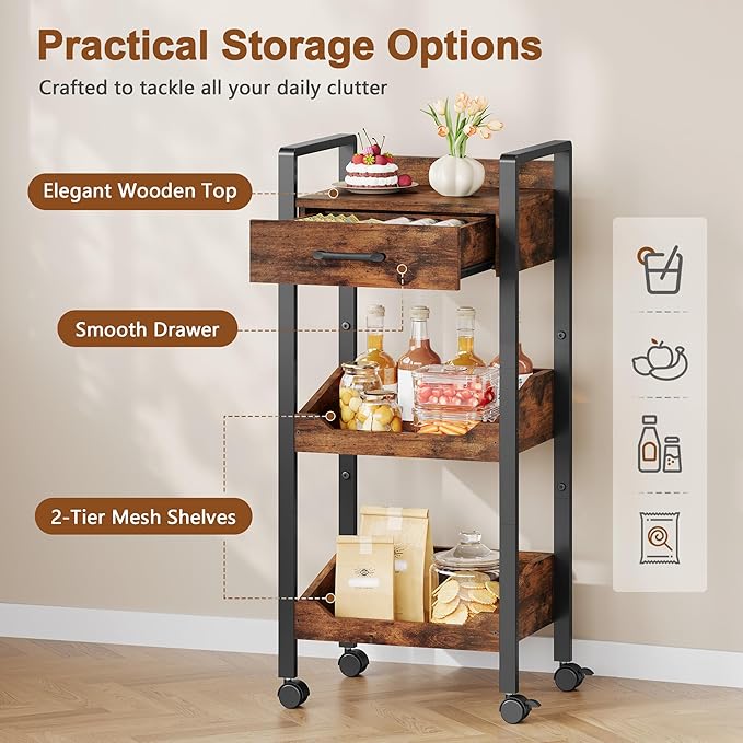 Hoctieon 3-Tier Rolling Storage Cart with Drawer, Rolling Utility Cart Organizer, Mobile Shelving Unit with Wheels, Metal Frame, Kitchen Utility Cart for Small Space, Office, Bathroom, Rustic Brown