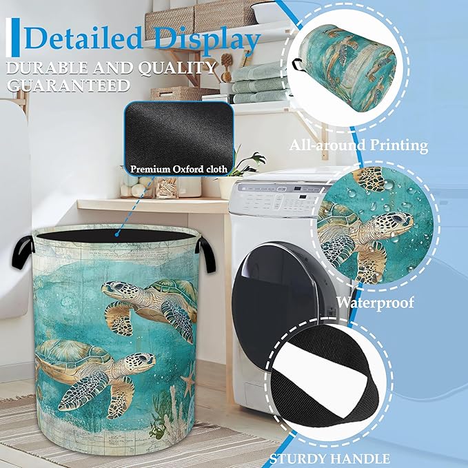 Sea Turtle Laundry Basket Collapsible Laundry Hamper Clothes Toy Storage Bin for Bathroom Bedroom Room Decor 16" X 20.8"