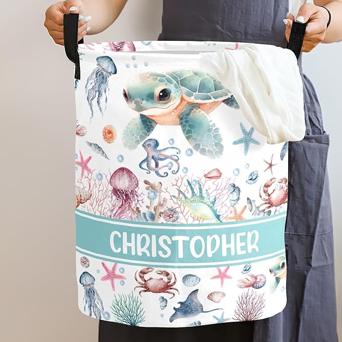 Large Custom Name Laundry Hamper, Turtle Personalized Dirty Clothes Hamper Storage Basket with Name for Bathroom Bedrooms, Customized Name Circular Hamper with Handles for Baby Boys Girls Men Women