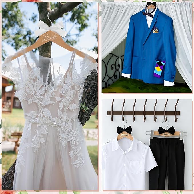 3 Pcs Bride and Groom Hangers for Dress Suit with Clips Wedding Wooden Hanger with Bow Tie for Mr and Mrs Shirt Tuxedo Suit Bridal Wedding Gift Bridesmaid Party Shower(Wood Color)
