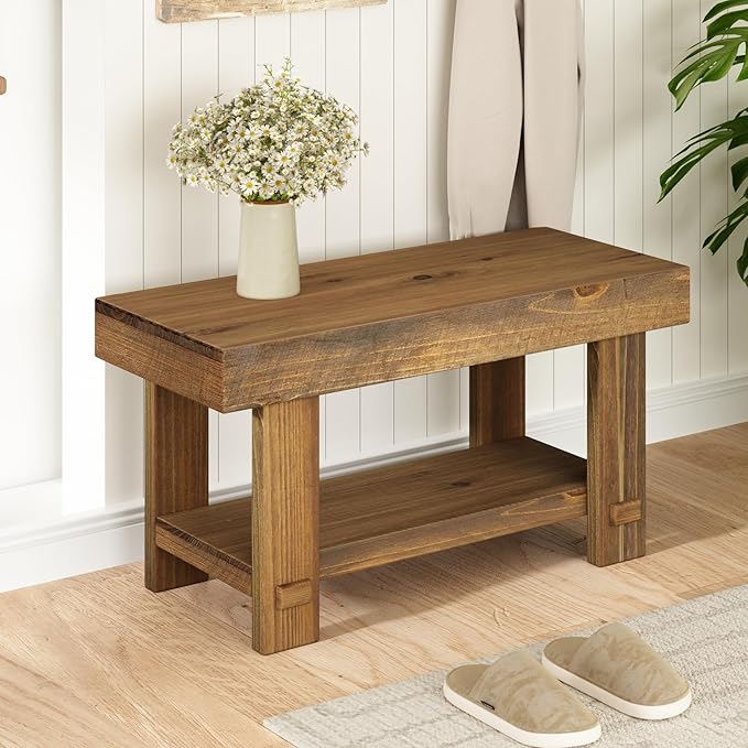 Solid Wood Entryway Bench - 31.5" Farmhouse Small Storage Benches, Narrow Bench Seat for Indoor, Entryway, Dining Room, Living Room and Hallway, Rustic Natural
