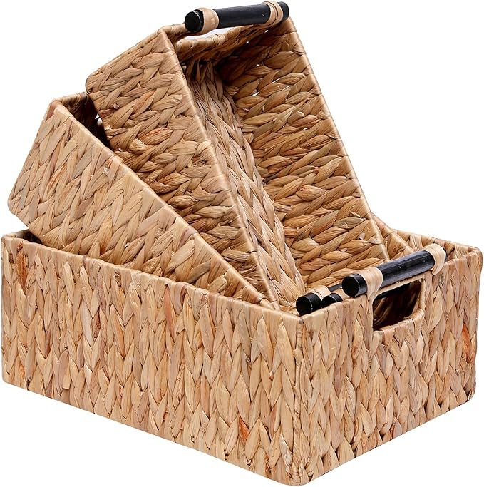 Storage Baskets 3 Pack Storage Baskets for Organizing Toys,Handwoven Storage Bins for Nursery,Natural Water Hyacinth Baskets for Organizing with Wooden Handles