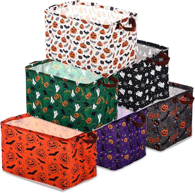Vesici 6 Pack Halloween Baskets for Gifts Empty Collapsible Halloween Storage Bins with Handle Rectangular Pumpkin Ghosts Storage Basket for Kids Trick or Treat Box Room Clothes Containers