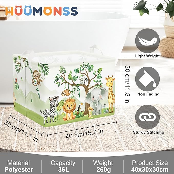 Forest Animals Laundry Hamper Woodland Tree Large Storage Basket Parents Organizer Kids Clothes Toy Bins for Bedroom, Bathroom, Elephant, 36L