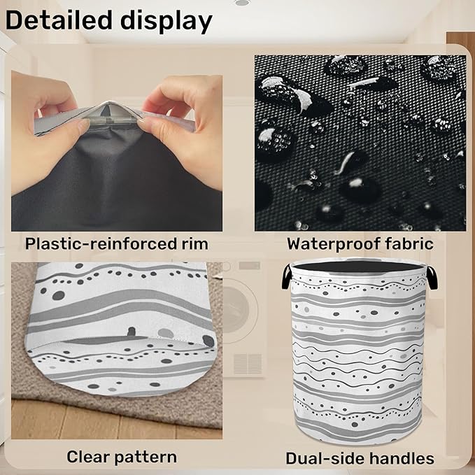 Grey Lines Laundry Basket - Heavy Duty 60L Dirty Clothes Organizer, Water Resistant Foldable Hamper for Men Women