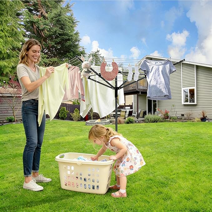 Nisorpa Outdoor Umbrella Drying Rack,12 Lines with 165 Feet Umbrella Clothesline Outdoor Dryer Clothes Line, 4 Arm Steel Frame Adjustable Height Retracting Collapsible Clothes Drying Rack for Backyard
