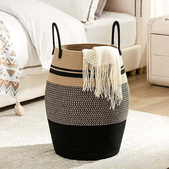 Fiona's magic 65L Cotton Rope Laundry Hamper, Large Woven Tall Laundry Basket for Storage Clothes and Toy in Bedroom, Living Room Organizing, Collapsible, Brown & Black