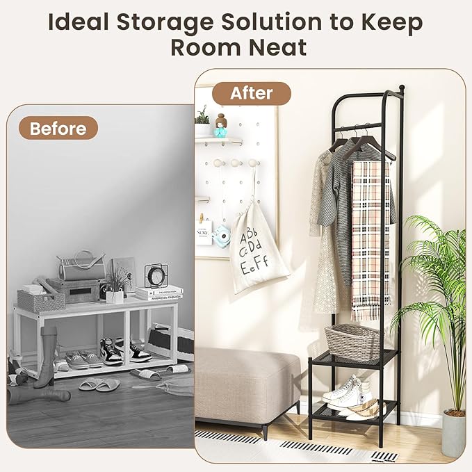 Tangkula Corner Coat Rack with Storage, Simple Hall Tree with Hanging Rod & 2 Mesh Shelves, Anti-toppling Devices, Freestanding Metal Clothes Rack Shoes Shelf Organizer for Entryway Bedroom (Black)