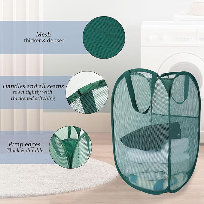 Upgraded 100L Extra Large Collapsible Laundry Baskets, 2 Pack XL Mesh Pop Up Laundry Hamper with Handles, Portable Travel Laundry Basket, Foldable Hamper. Green