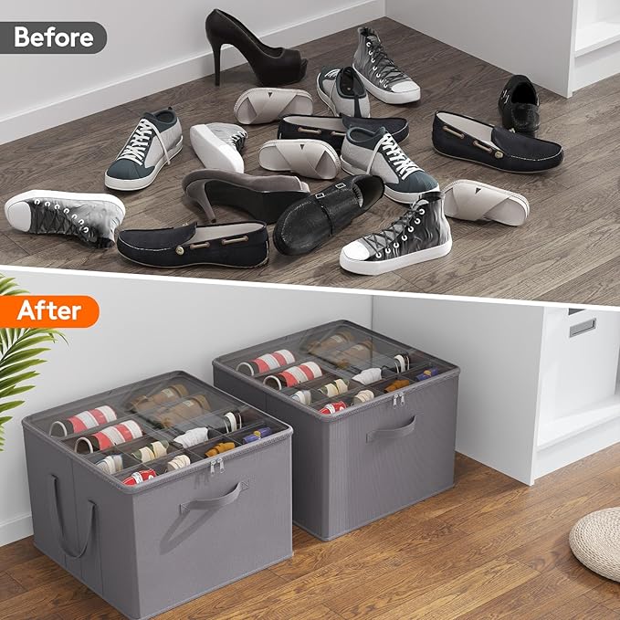 Lifewit Shoe Storage Organizer for Closet, Fabric Large Shoe Box Storage Containers with Clear Cover, Foldable Bins for Boots Heels Sneakers Fits 36-48 Pairs (Each 12-16 Pairs) 3 Pack Gray
