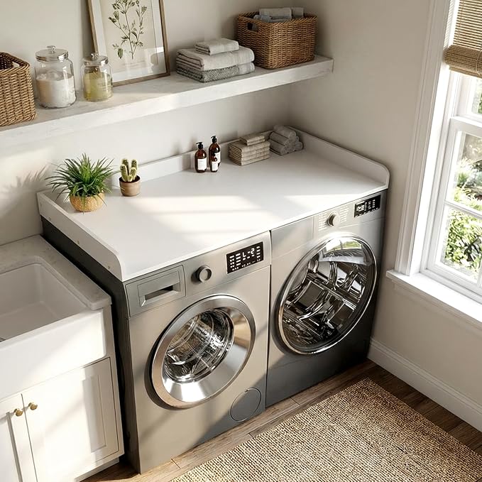 Washer Dryer Countertop, 27.5 x 54 Inch Washer and Dryer Countertop for Laundry Room Organization with Edge Wooden, White