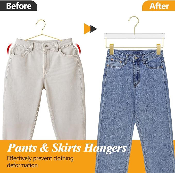 Acrylic Gold Pants Hangers 10 Pack for Trousers, Jeans, Coats, Heavy Duty Skirt Hangers for Women, Space-Saving Clothes Organizer with Non-Slip Adjustable Clips, Adults & Kids