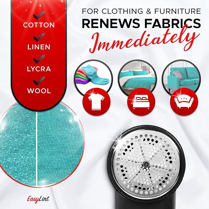 EasyLint Rechargeable Fabric Shaver Lint Remover, Effectively Remove Fuzz, Pills & Bobbles from Clothes, Sweaters, Couch and Furniture, 3-Speeds, 6-Leaf Blade Lint Shaver, LED Display & USB Charging
