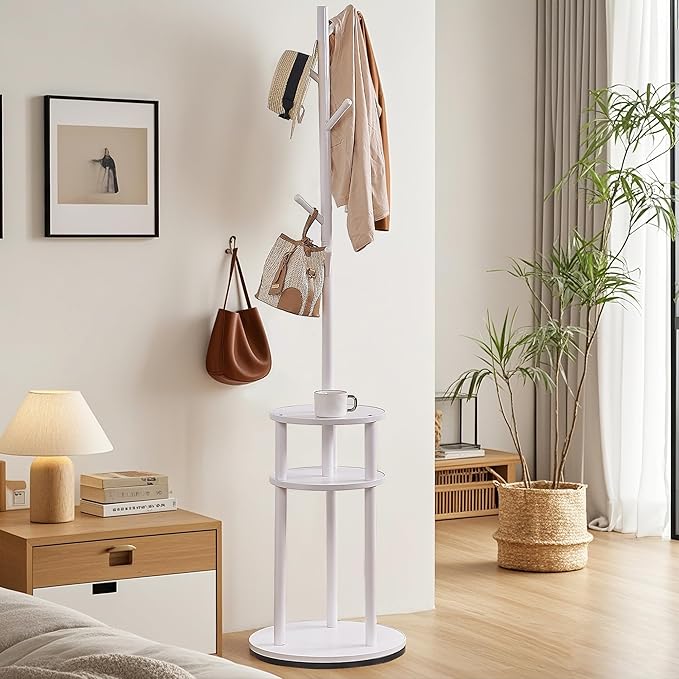 VECELO Coat Rack Freestanding, Entryway Hanger Stand, Umbrella Holder, Hall Tree With Hooks, Floor Standing Metal Tree Stand,White, Medium-sized