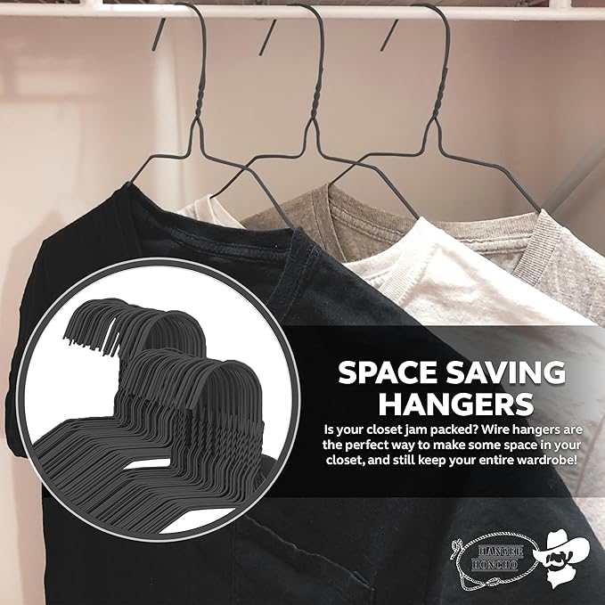 Wire Metal Clothes Hangers 50 Pack for Standard Size Shirts, Pants, Skirts, Space Saving, Non Slip,18 Inch 14.5 Gauge Ultra Thin Standard Dry Cleaner Coated Steel (200, Black)