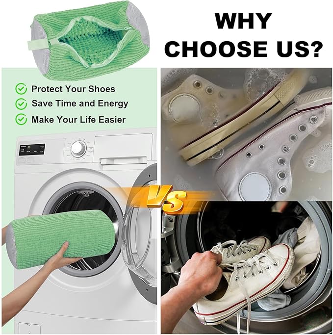 Shoe Washing Machine Bag - Shoe Laundry Bag for Washer and Dryer, Reusable 2 Pack, 360° Deep Cleaning, Self-Locking Zipper, Fits All Sneakers & Tennis Shoes - Green