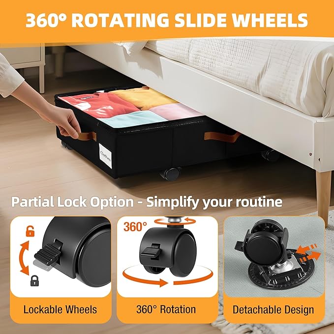 4 Pack Under Bed Storage–30.5×17×5.5" Under the Bed Storage with Wheels Sturdy Sidewalls/Bottom, Clear Cover, Label and PU Handle, Rolling Underbed Drawers for Clothes, Shoes, Toys, Blankets,Black