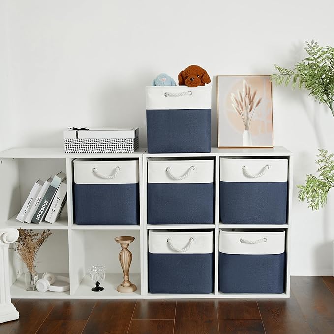 Cube Storage Bins, Collapsible Fabric Storage Cubes Bins, 11 Inch Cube Storage Bins with Handles, Foldable Storage Cubes (White/Navy, 6Pack)