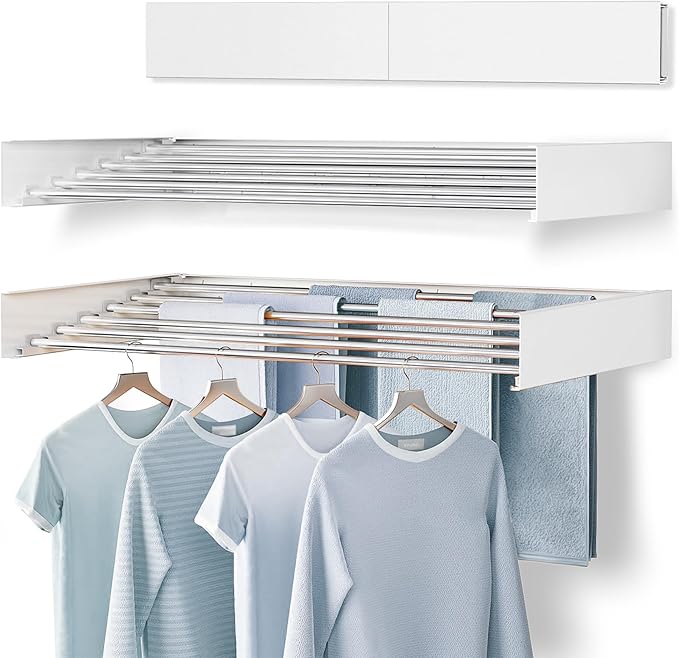 Sleclean Wall Mounted Drying Rack, Clothes Drying Rack, Collapsible Drying Racks for Laundry, Wall Mounted Clothes Rack (White, 40")