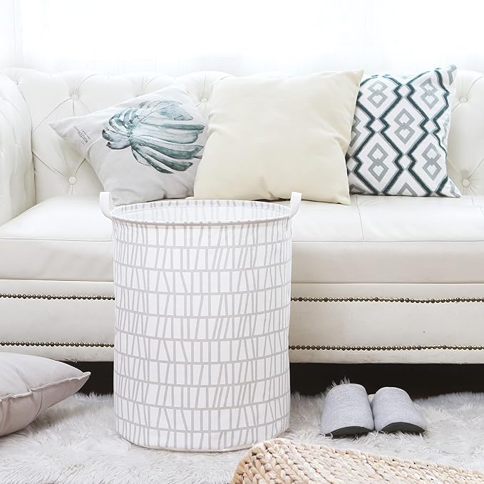 Sea Team 19.7 Inches Large Sized Waterproof Coating Ramie Cotton Fabric Folding Laundry Hamper Bucket Cylindric Burlap Canvas Storage Basket with Stylish Branch Grey Design