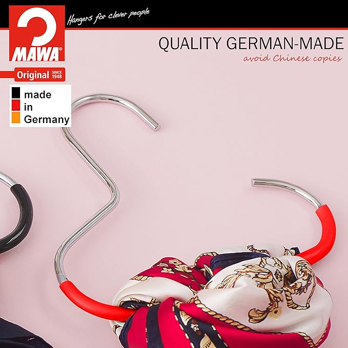 Mawa Scarf, Shawl, Belt, and Accessory Organizer, Non-Toxic Metal Hanger with Grip Coating, Easy Access Open Hook, Model G-1 Space Saving Design, Set of 40, Red