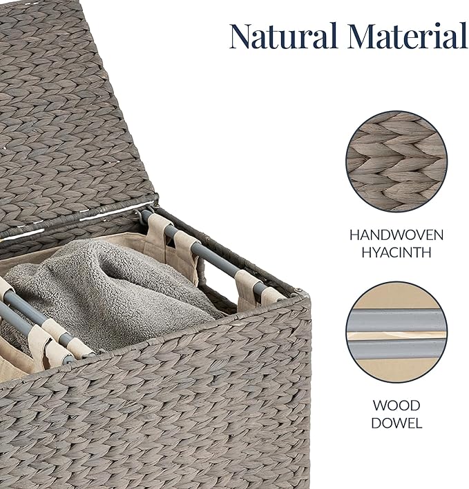 Best Choice Products Large Double Laundry Hamper with Lid, Natural Handwoven Water Hyacinth, 2 Sections w/ 2 Machine Washable Linen Liner Bags, Portable, Handles - Gray