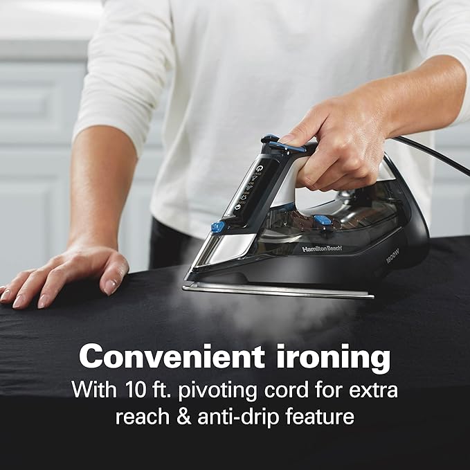 Hamilton Beach Steam Iron for Clothes & Garment Steamer with Intuitive FabricIQ Touchpad, Durable Stainless Steel Soleplate, 3-Way Auto Shutoff, 1800 Watts, 350ml Water Tank, 10' Cord, Black (14950)