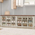 Shoe Storage Bench with Cushion, Entryway Storage Bench with 18 Cubbies, 9.5" Widened Organizer Cabinet, Long Cubby Rack for Living Room, Bedroom, Entryway, White and Brown SB25714KA