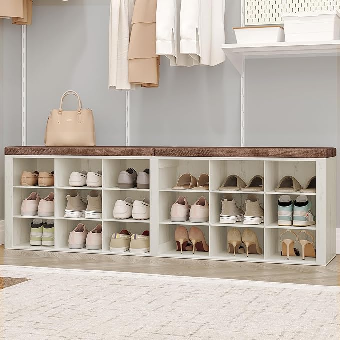 Shoe Storage Bench with Cushion, Entryway Storage Bench with 18 Cubbies, 9.5" Widened Organizer Cabinet, Long Cubby Rack for Living Room, Bedroom, Entryway, White and Brown SB25714KA