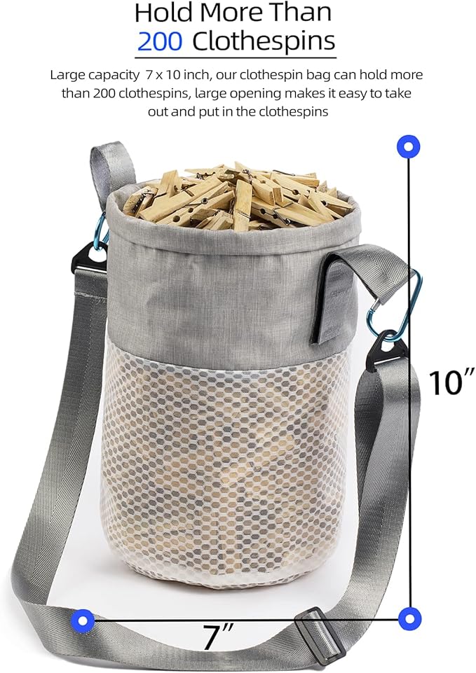 Clothespin Bag for Clothesline Outdoor, Clothes Pin Bag with Shoulder Straps, Drawstring Closure, Ventilated and Moisture Resistant, Large Capacity Laundry Clothespin Storage with Hook
