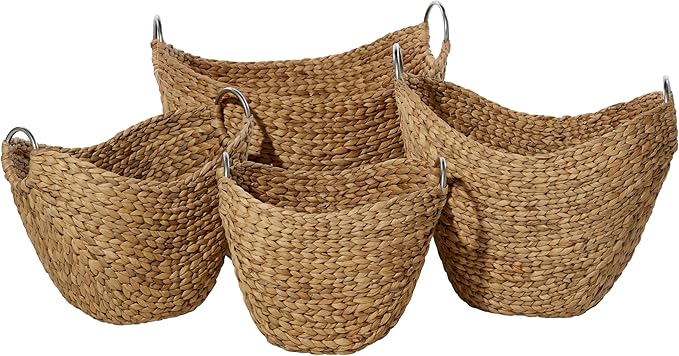 Deco 79 Seagrass Handmade Decorative and Functional Storage Basket Woven Curved Basket Organizer with Silver Metal Handles, Set of 4 Basket for Storage 14", 16", 19", 21"W, Brown