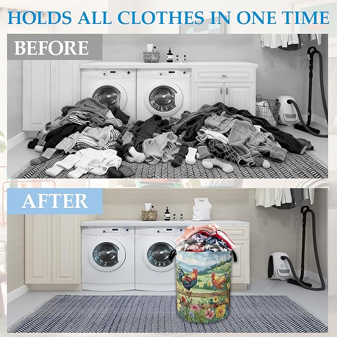 Rooster Laundry Hamper Farm Floral Laundry Basket Collapsible Portable Clothes Toy Storage Bin for Bathroom Bedroom Room Decor 16 X 20.8 Inch