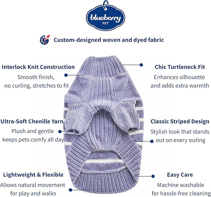 Blueberry Pet Cozy Soft Chenille Classy Striped Dog Sweater in Stonewash Blue, Back Length 22", Pack of 1 Clothes for Dogs