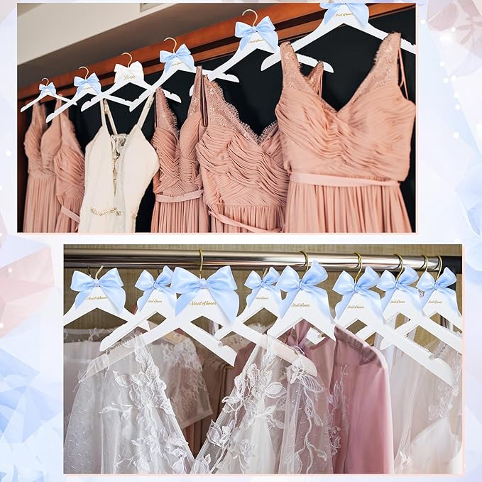 Bride Bridal Bridesmaid Hanger with Maid of Honor White Wooden Wedding Dress Hanger with White Bow and Pink Blue Bow for Bridal Party Shower Wedding Gift(Blue)
