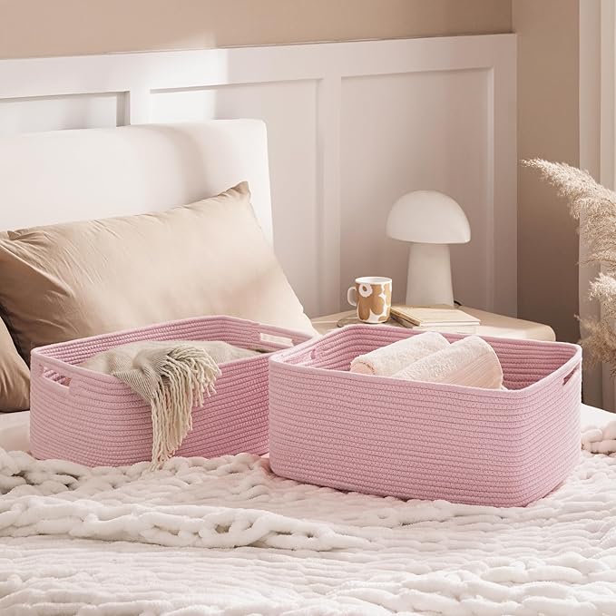 UBBCARE 2 Pack Storage Baskets for Shelves, Large Woven Storage Baskets, Dog Toy Bins, Baskets for Organizing Clothes, Towels, Books, Blanket, 17"L x 13"W x 7.5"H, Pink