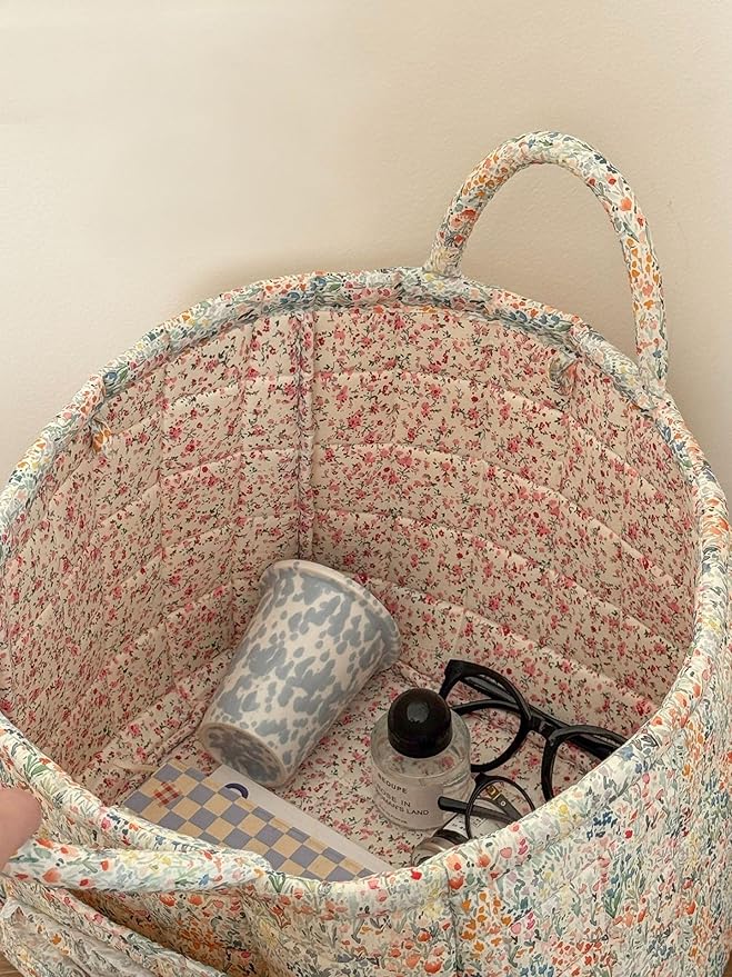 Quilted Laundry Basket Floral Storage Basket Cute Fabric Laundry Baskets Large Boho Foldable Nursery Hamper (Floral01)