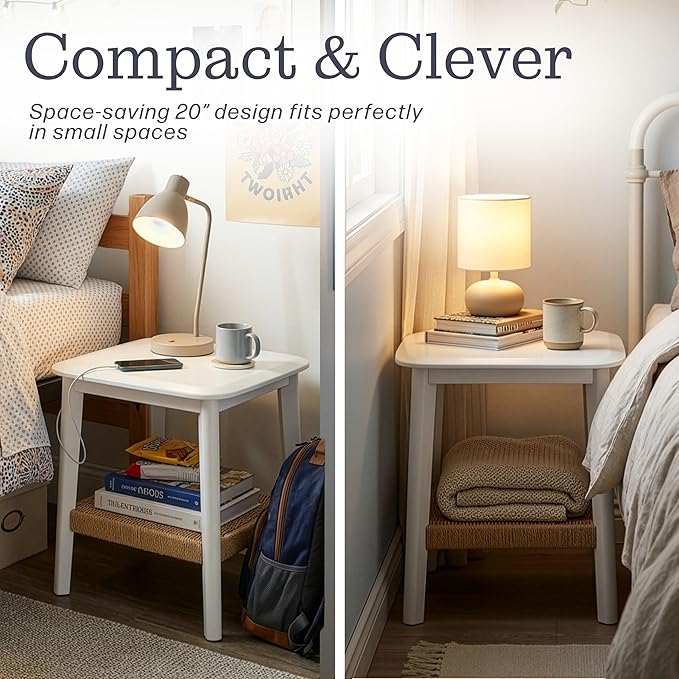 Alaterre Furniture Calais Side Table - 2-Tier Small End Table with Woven Storage Shelf - Wooden Nightstand for Small Spaces, Living Room, or Bedroom - Mid Century Modern Furniture (White)