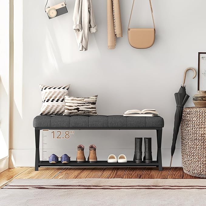 LUE BONA 44.5” End of Bed Bench with Shelf, Linen Tufted Upholstered Storage Shoe Bench, Modern Bedroom Bench with Metal Legs for Living Room, Entryway, Dining Room, 300 LB, Carbon Gray