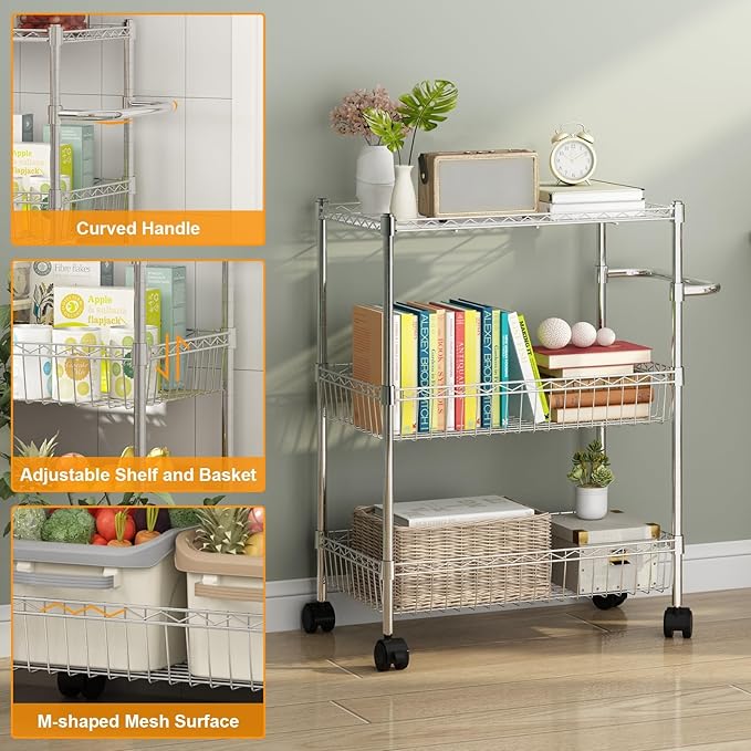 3 Tier Rolling Storage Cart, Adjustable Wire Storage Shelving Unit, Kitchen Cart On Wheels with Basket and Handle, Metal Organizer Wire Rack for Laundry Bathroom Pantry Room, Chrome