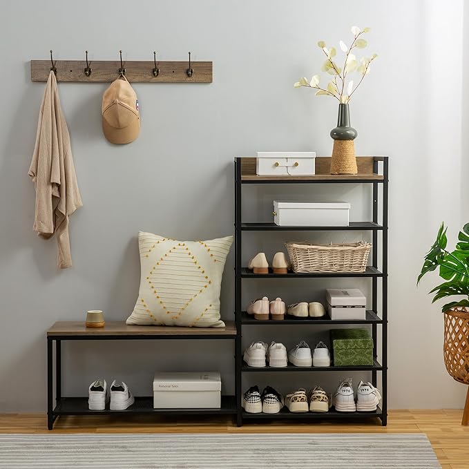 6-Tier Coat Rack Shoe Bench Set, Entryway Bench with 6 Hooks Coat Rack, Hall Tree and Shoe Storage for Entryway, Hallway, Garage, Bedroom (Vintage Grey)