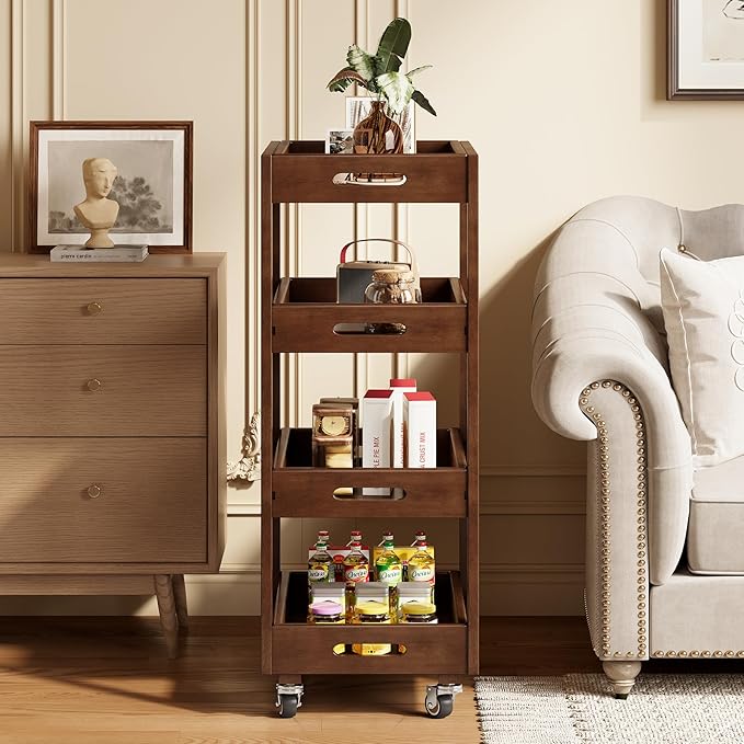 Solid Wood Storage Cart Set of 2, 4-Tier Slim Kitchen Rolling Cart with Wheels, Narrow Mobile Utility Organizer Shelving Unit for Small Space, Living Room, Dining Room, Laundry, Walnut