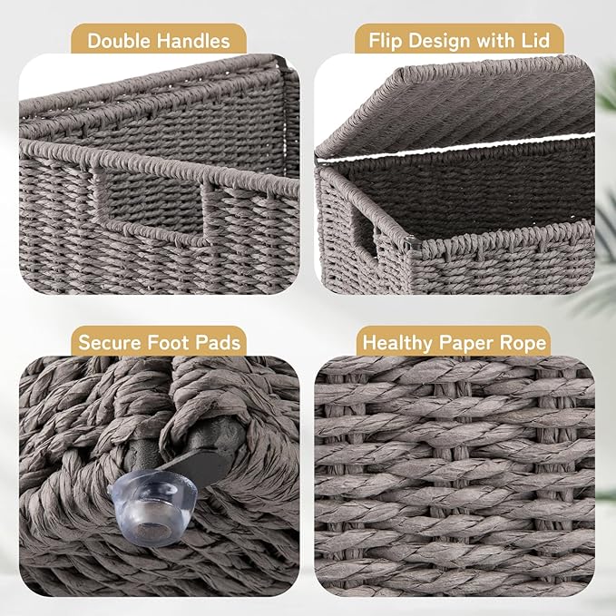 OIAHOMY Laundry Hamper with Lid, 23.8 Gal (90L) Wicker Hamper with Removable Liner Bags, Handwoven Clothes Basket with Handles, Foldable Woven Paper Rope Basket for Laundry Room, Bedroom-Grey