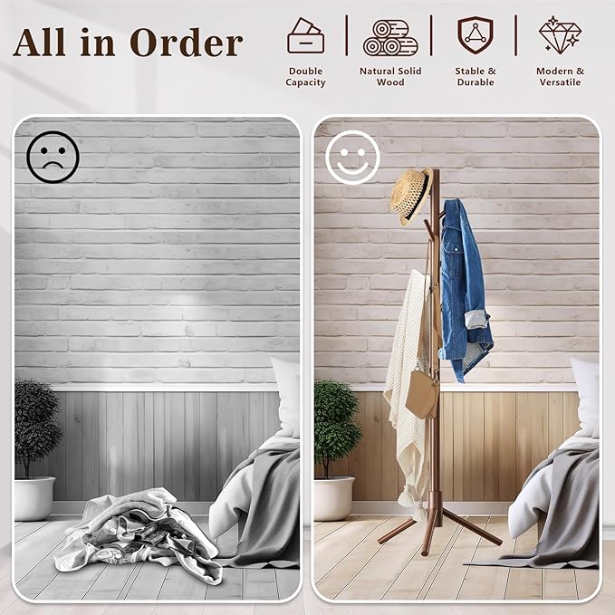 Wooden Coat Rack Freestanding with 8 Hooks,Easy Assembly New Zealand Pine Tree Coat Racks, 3 Adjustable Sizes for Clothes, Hats, Bags, for Entryway, Hallway, Bedroom, Office (Brown, 2 PCS)