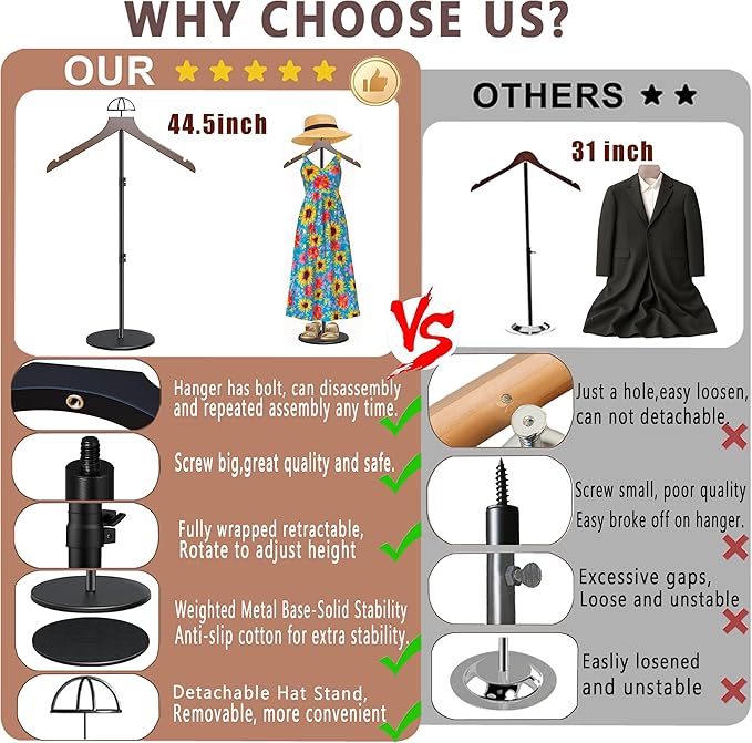 2 Pack T Shirt Display Stand 19-44.5 Inch with Hat Rack, Height Adjustable for Long Short Clothes Dress,Display Mannequin for Store, Closet, Photoshoot, Exhibition, Vendors Shop, Parties(Brown,2 Pack)